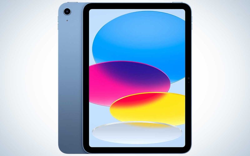 A pair of 10th-gen iPads, one facing forward with a graphic on the screen and one facing backwards.