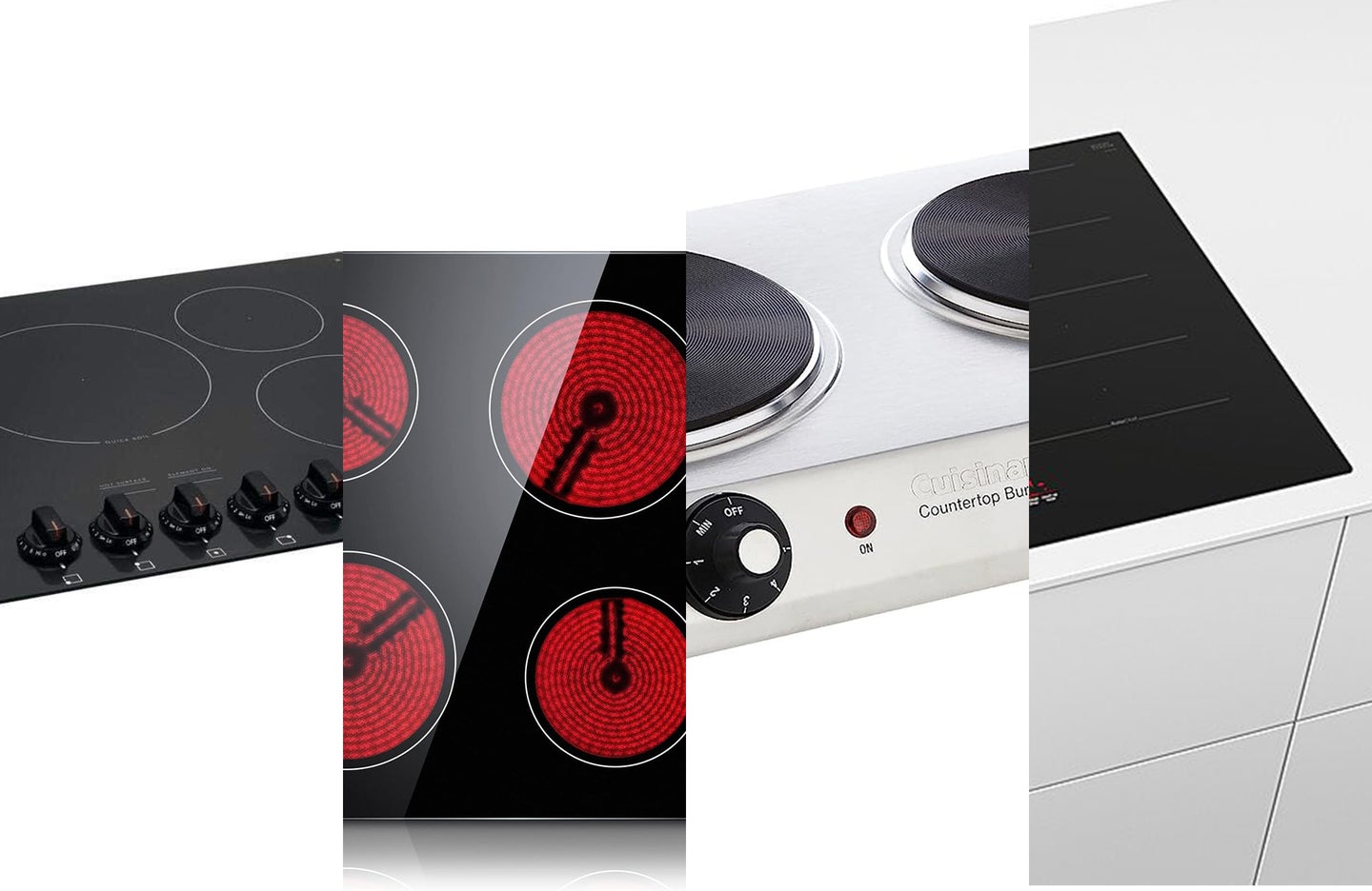 Four examples of electric cooktops against a white background