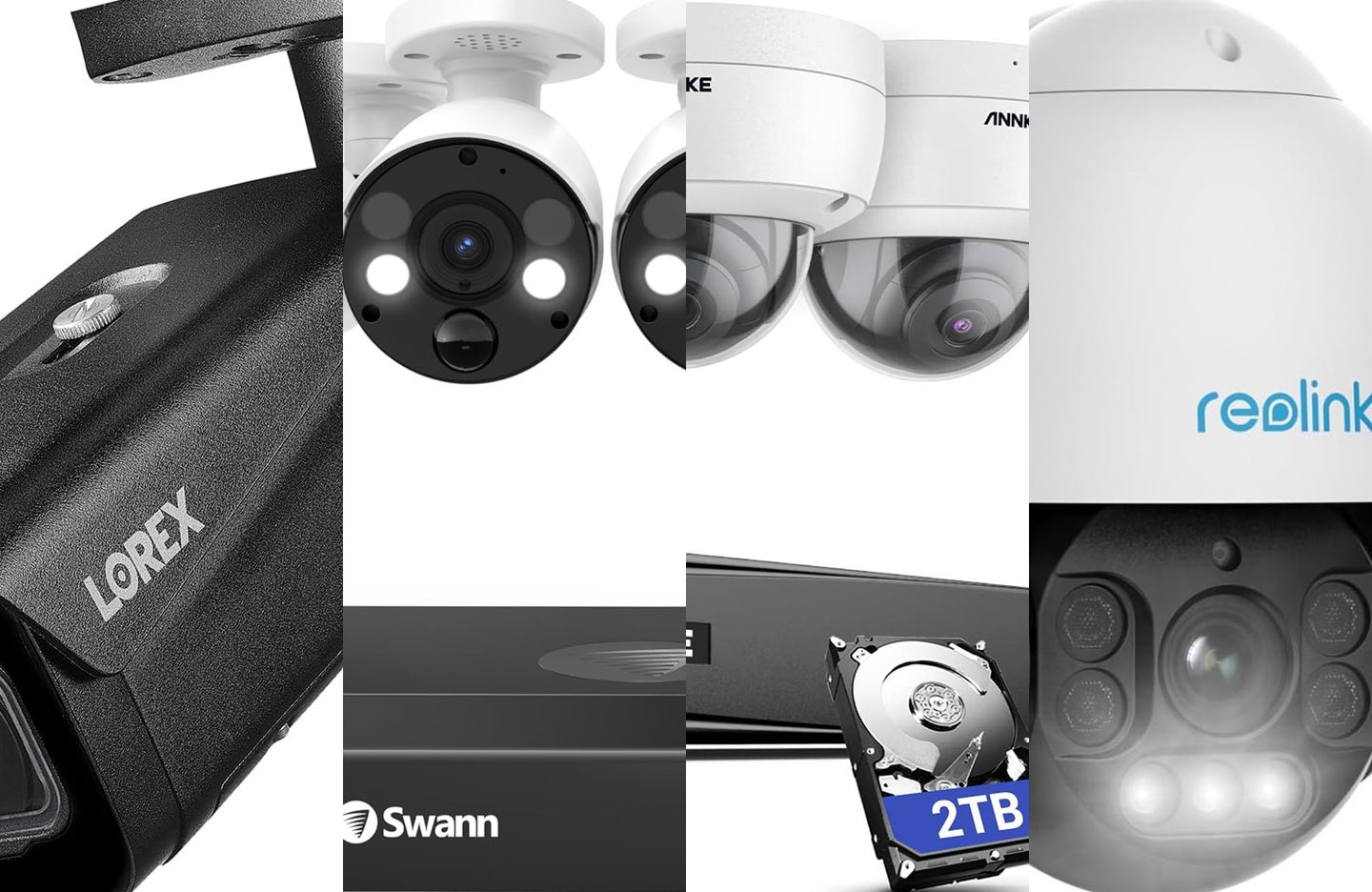 Four of the best wired security systems are sliced together against a white background.