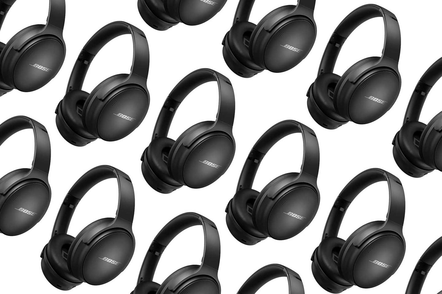 Bose QuietComfort 45 headphones arranged in a pattern on a plain background