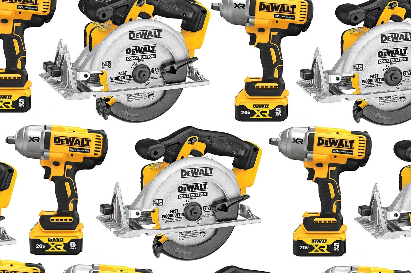 DeWalt tools arranged on a white background. The pattern includes circular saws and impact drivers.