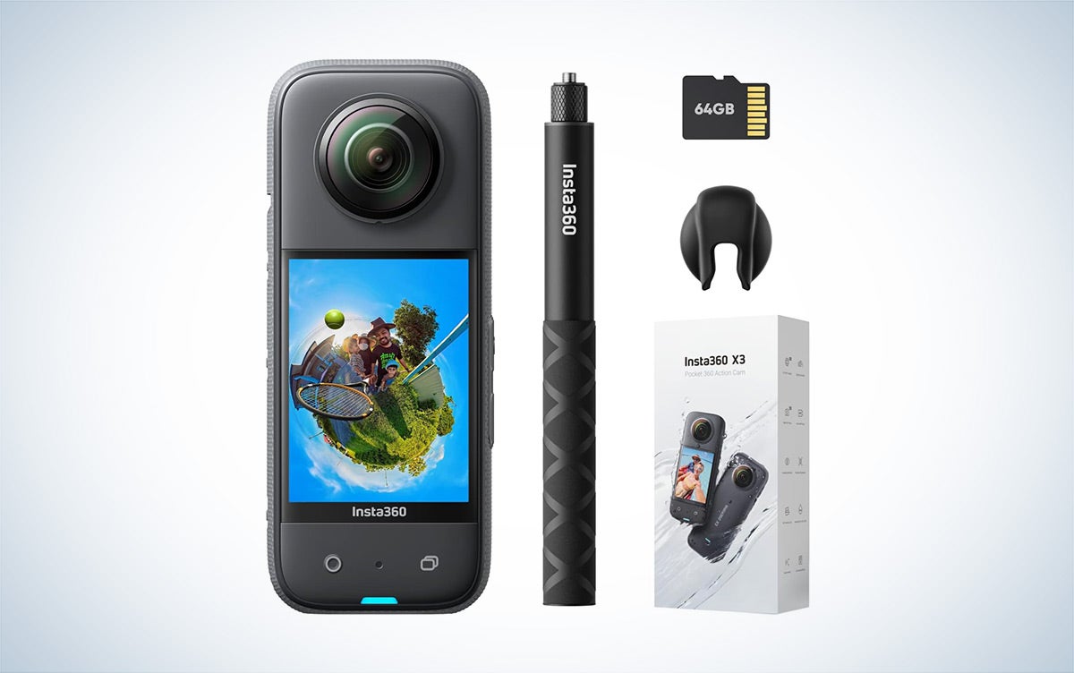 The camera, selfie stick, lens cover, and memory card from the Insta360 X3 Get-Set Kit are displayed against a white background with a grey gradient.