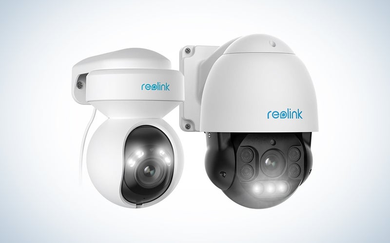 two white Reolink 4K PTZ PoE cameras over a white background